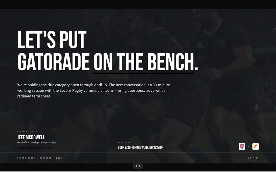 Closing slide from the Gatorade × Sevens Rugby proposal
