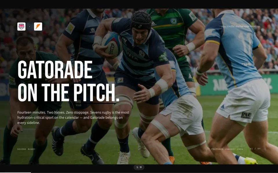 Cover slide from the Gatorade × Sevens Rugby proposal