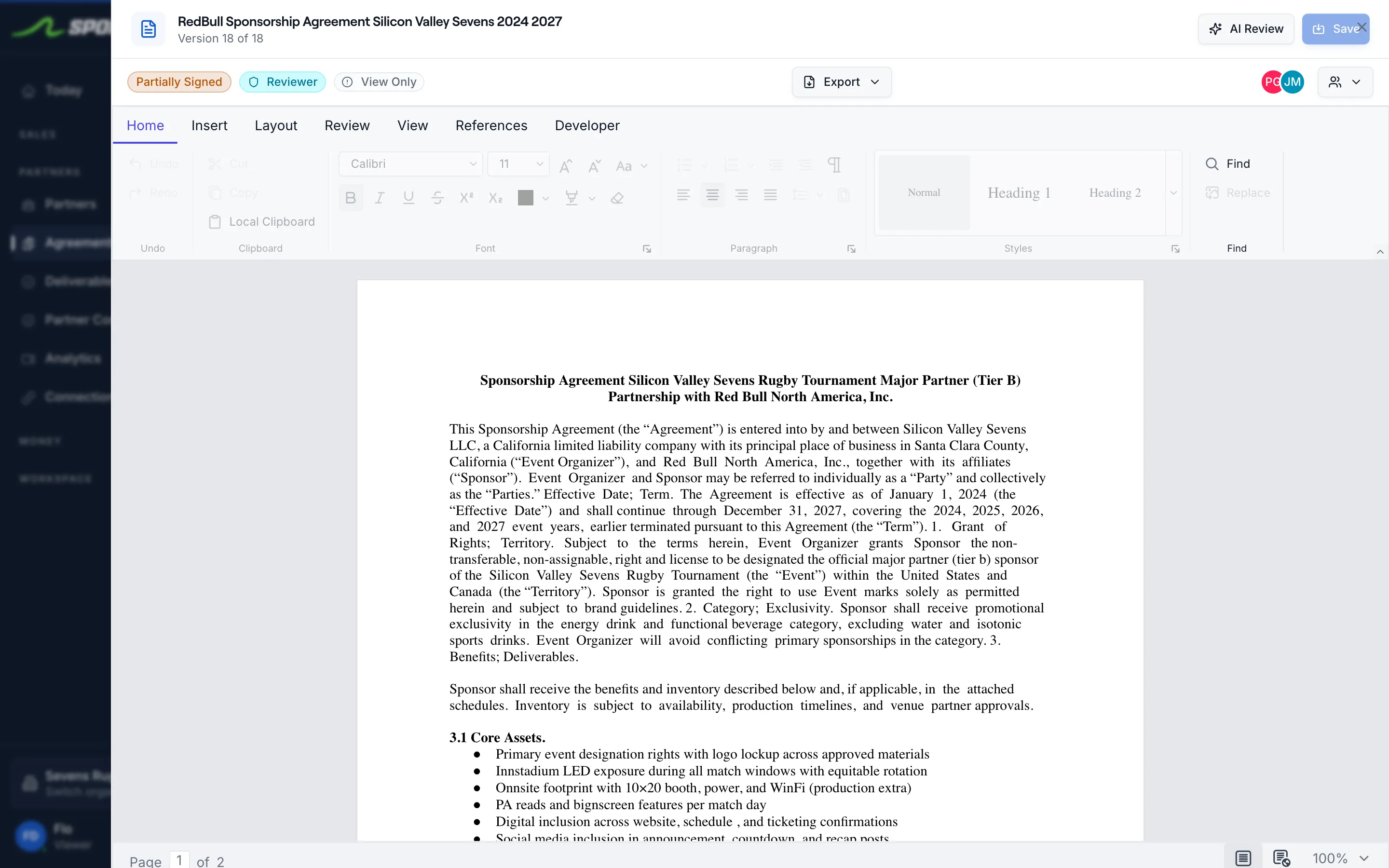 SponsorFlo agreement editor open on the Red Bull Silicon Valley Sevens contract, showing parties, term, exclusivity, and deliverables.