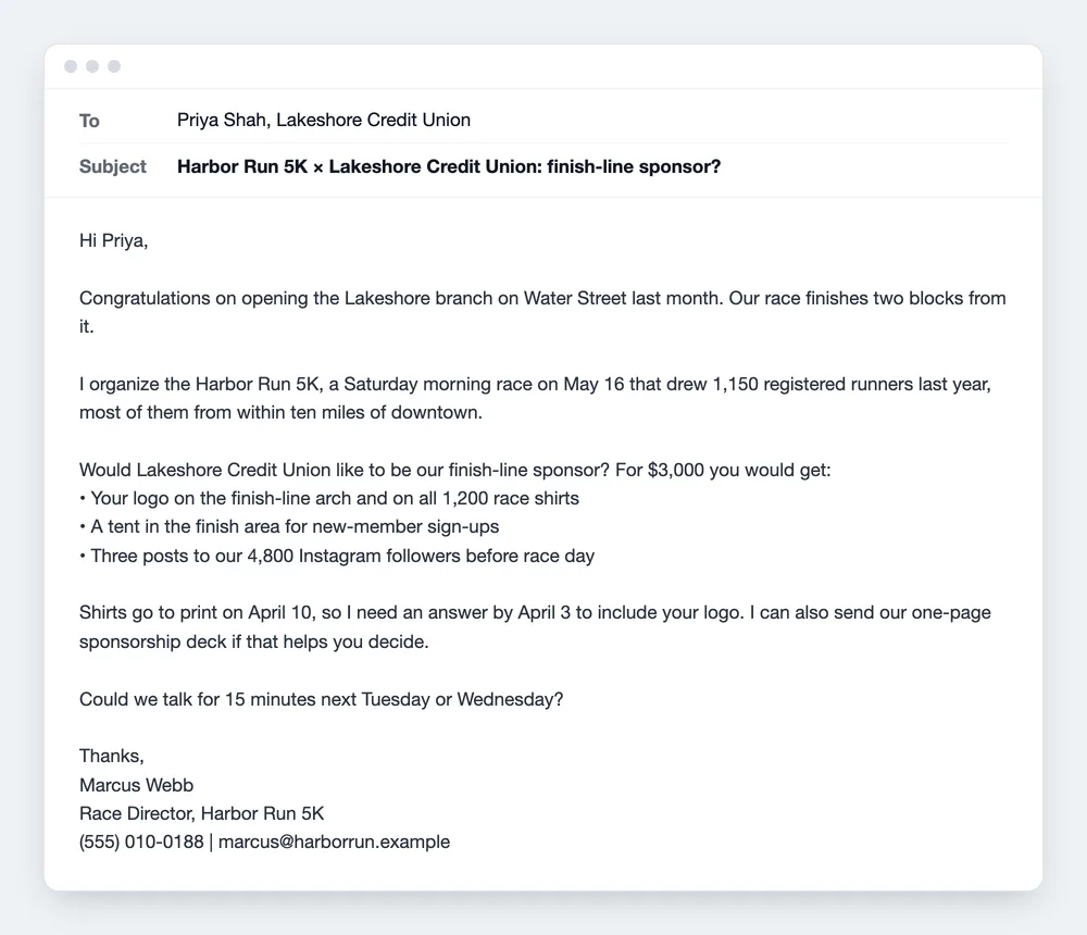 Sample sponsorship request email from the Harbor Run 5K to Lakeshore Credit Union asking for a $3,000 finish-line sponsorship