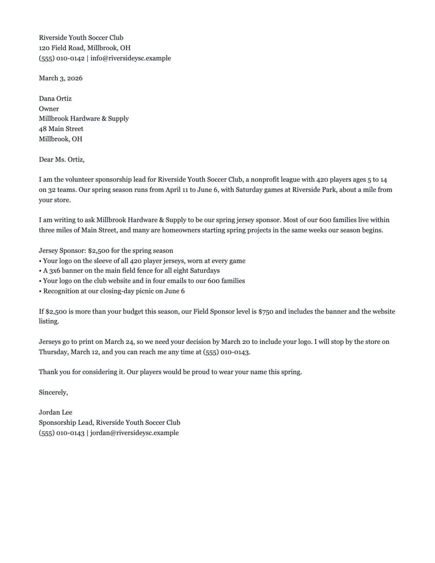 Sample sponsorship request letter from Riverside Youth Soccer Club to Millbrook Hardware & Supply asking for a $2,500 spring jersey sponsorship