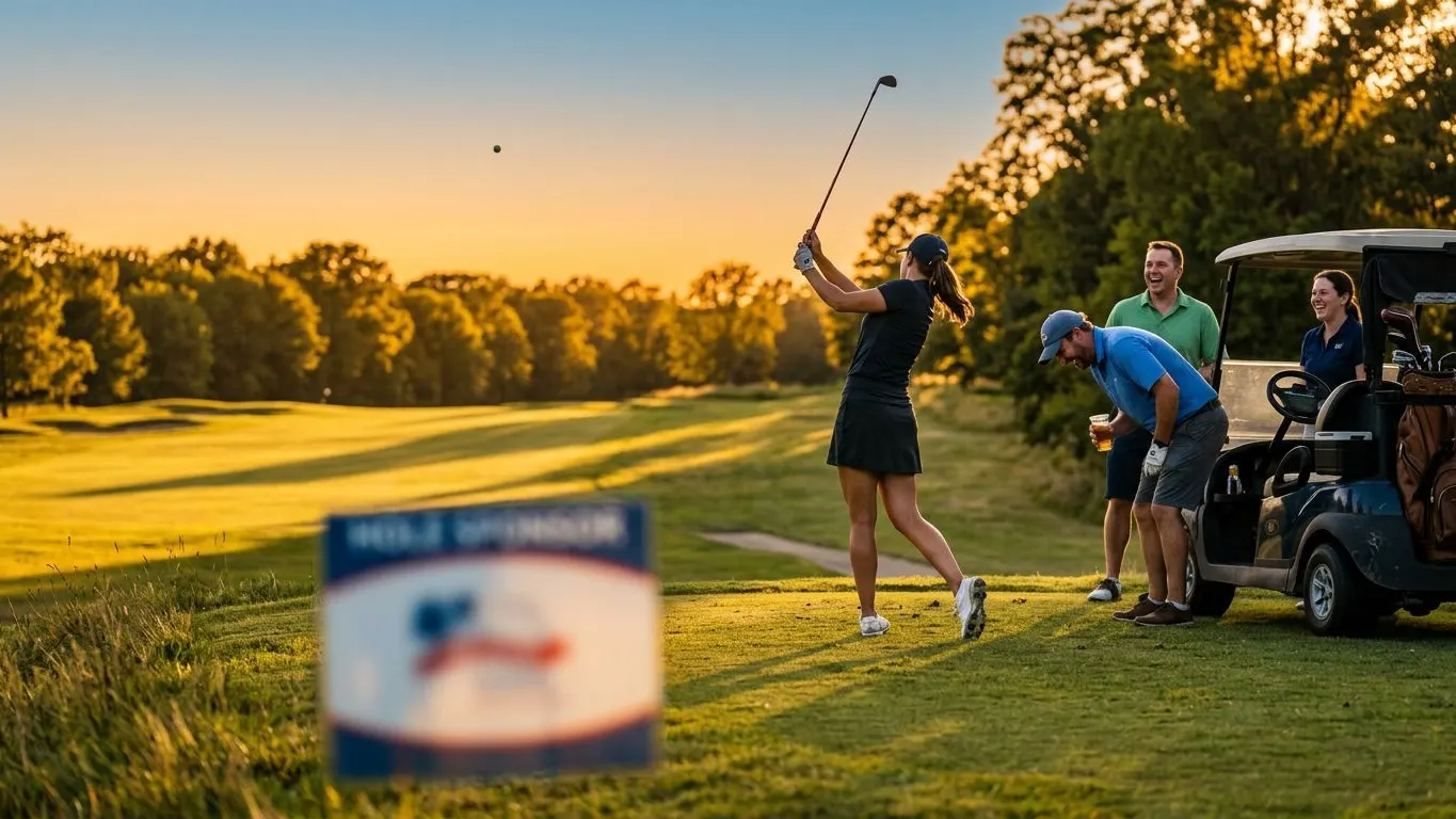 Golfers on a tee box at sunset beside a hole sponsor sign and a golf cart