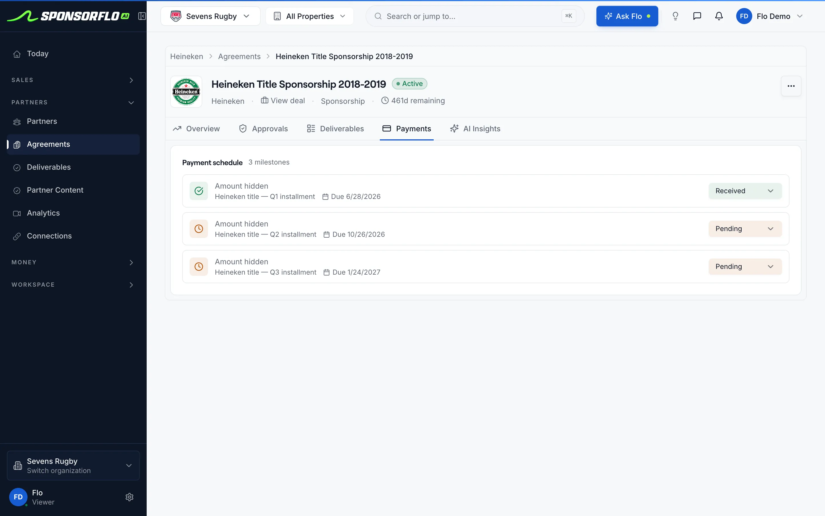 SponsorFlo payments tab on the Heineken agreement showing a three-installment schedule with received and pending statuses.