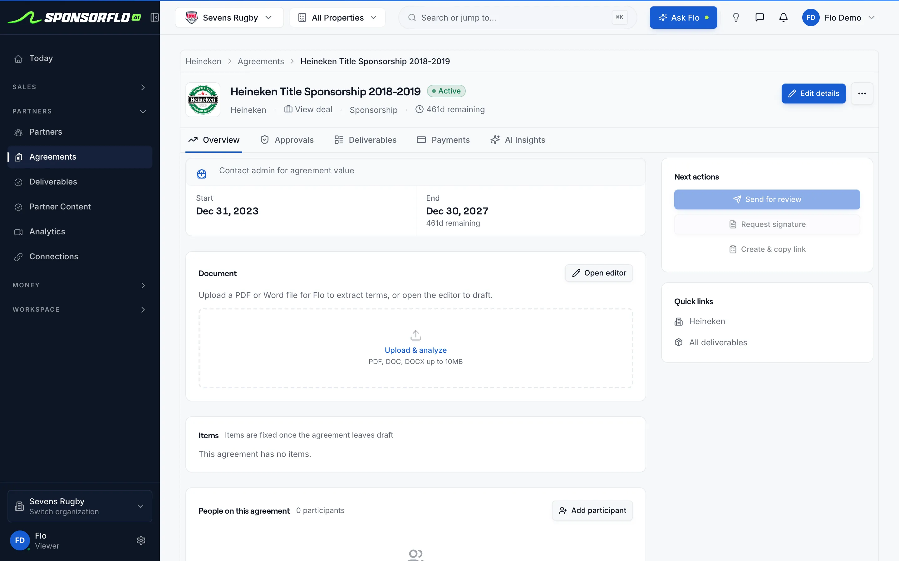 SponsorFlo Heineken title-sponsorship agreement for Sevens Rugby with term dates, document upload, and Open editor on the deal.