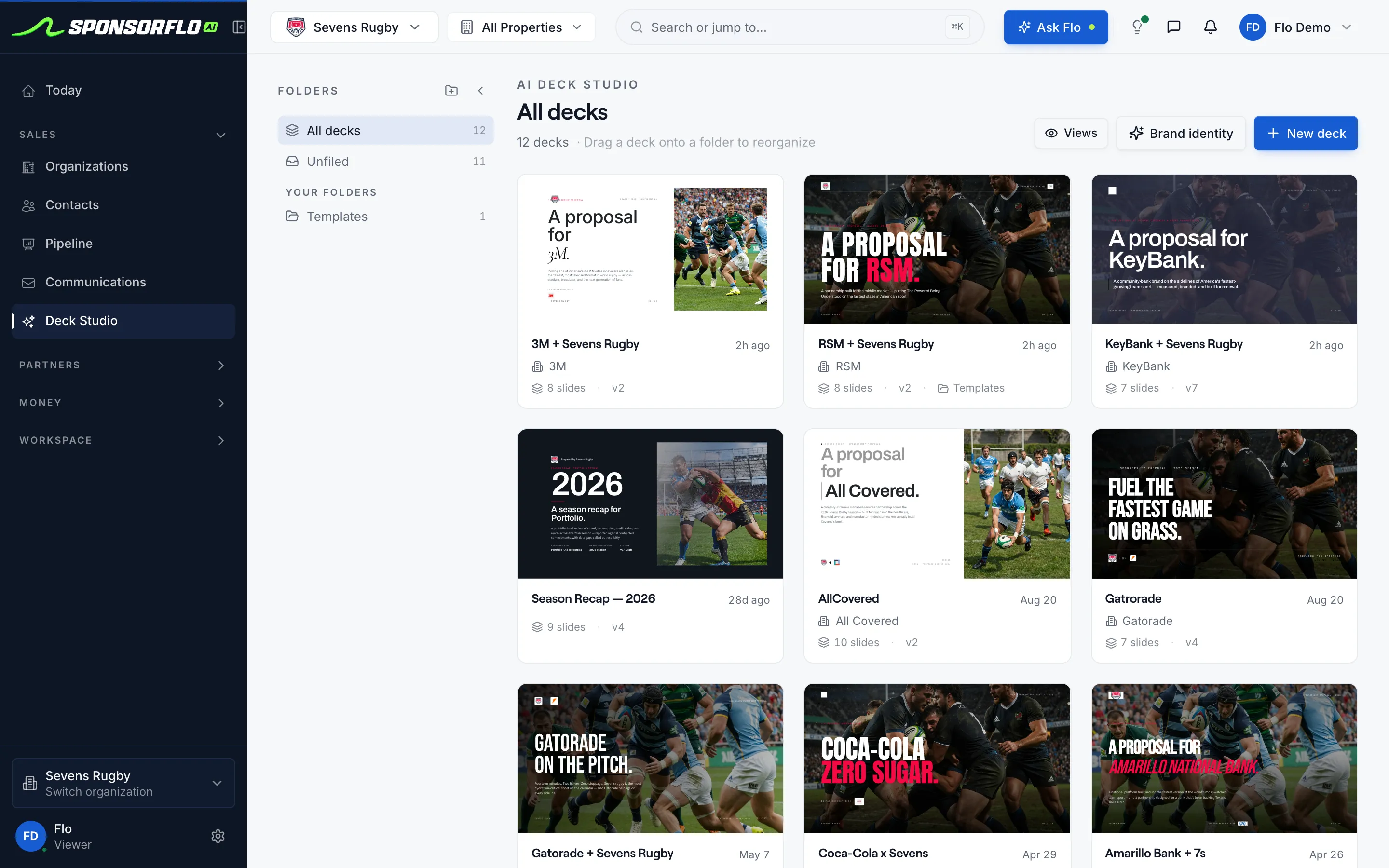 SponsorFlo Deck Studio library for Sevens Rugby with sponsor-specific pitch decks for 3M, RSM, KeyBank, Gatorade, and Coca-Cola Zero Sugar.