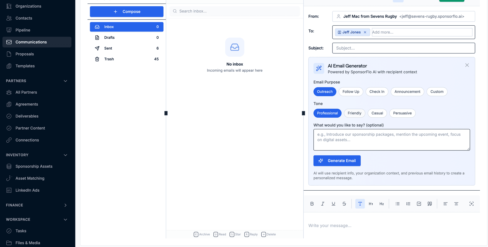 SponsorFlo AI email generator with tone selection, purpose types, and AI-powered draft composition