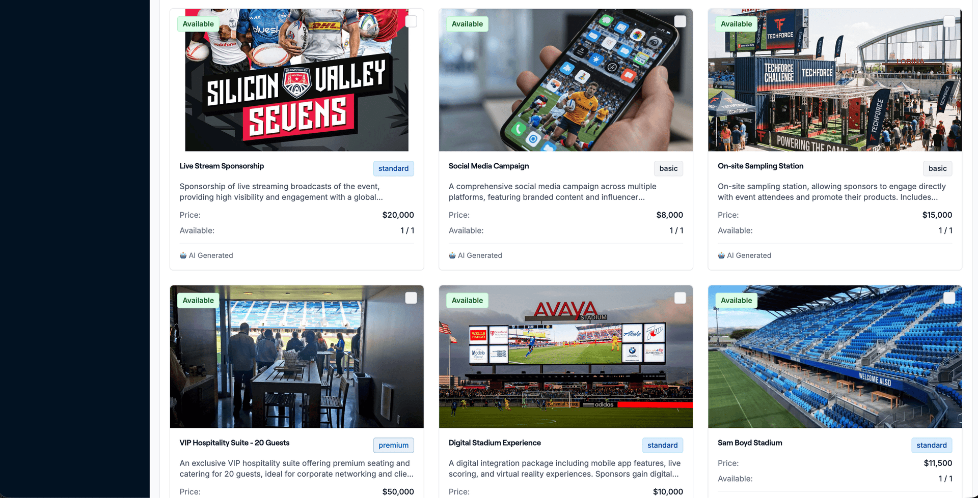 SponsorFlo sponsorship asset inventory with AI-generated descriptions for live stream, social media, VIP suites, and stadium packages