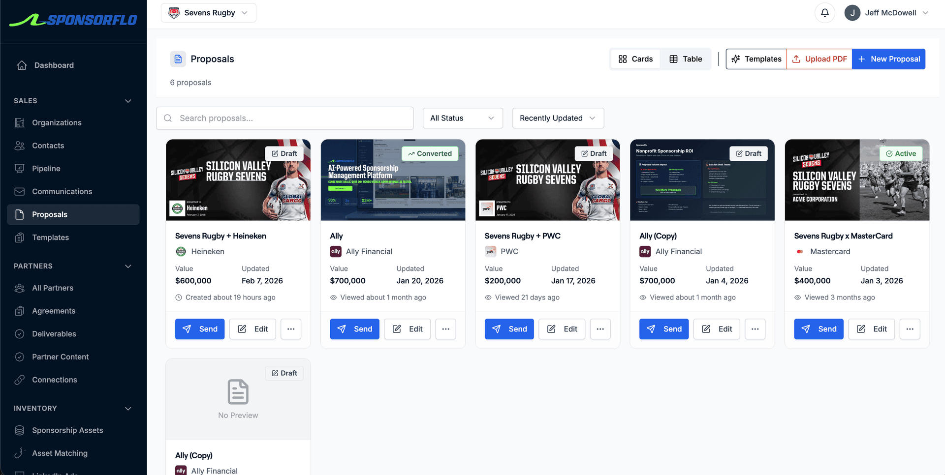 SponsorFlo AI proposal management showing branded proposals for Heineken, Ally, PWC, and Mastercard