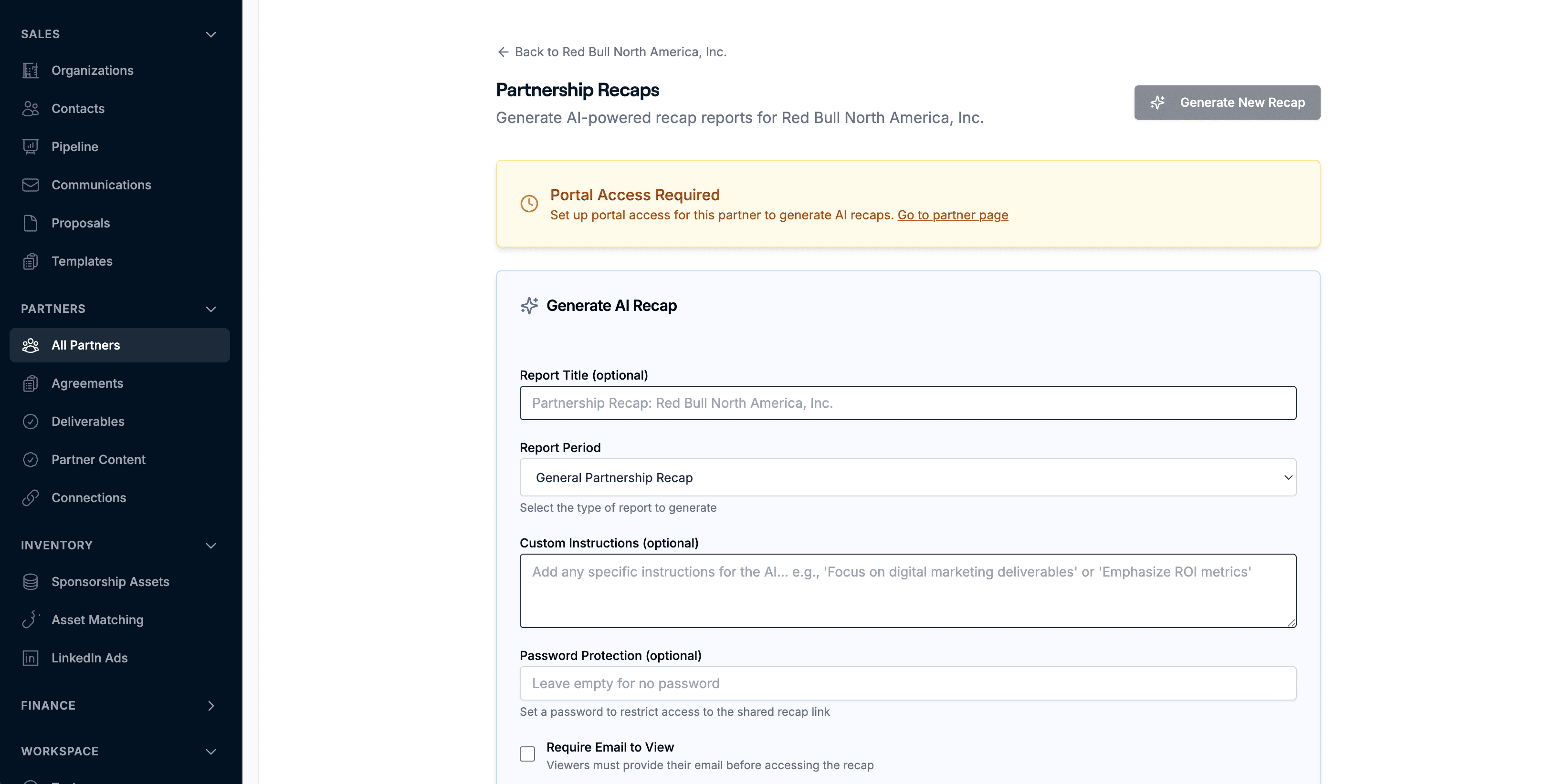SponsorFlo AI ROI analysis dashboard showing sponsorship performance metrics, revenue analytics, partner breakdowns, and trend forecasting