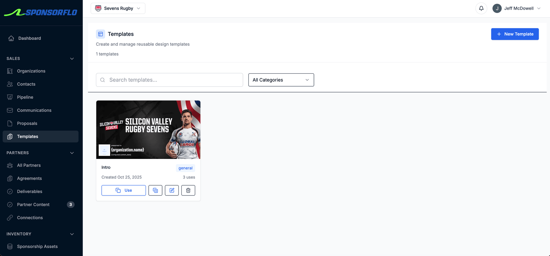 SponsorFlo communications dashboard showing email analytics, delivery rates, and sponsor outreach tracking