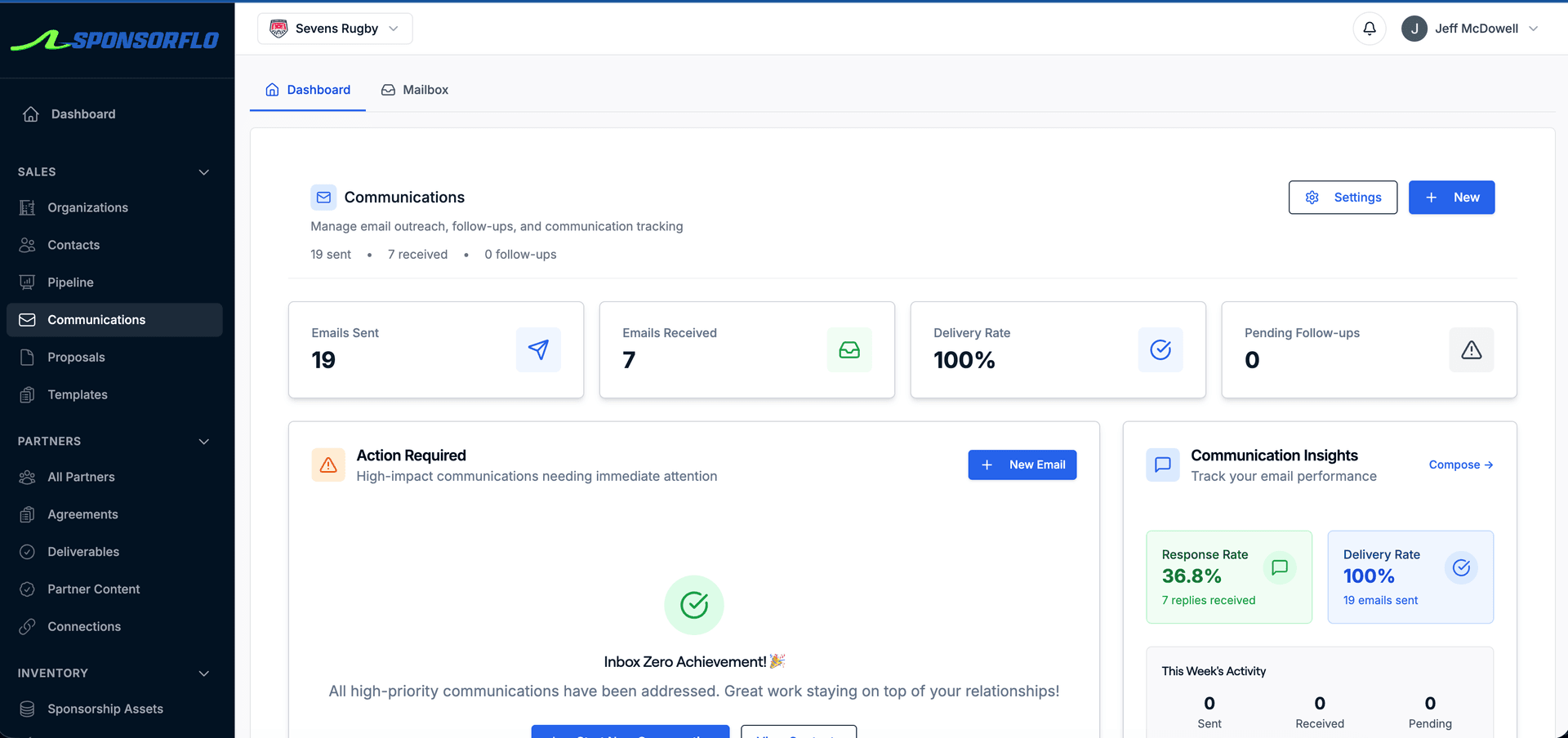 SponsorFlo AI sales pipeline showing sponsor prospects like LEGO, Forbes, and Mastercard in a drag-and-drop kanban board with deal stages
