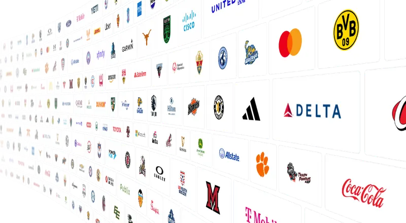 Logos including Coca-Cola, Borussia Dortmund, Delta Air Lines, Rocket City Trash Pandas, Mastercard and Clemson Tigers